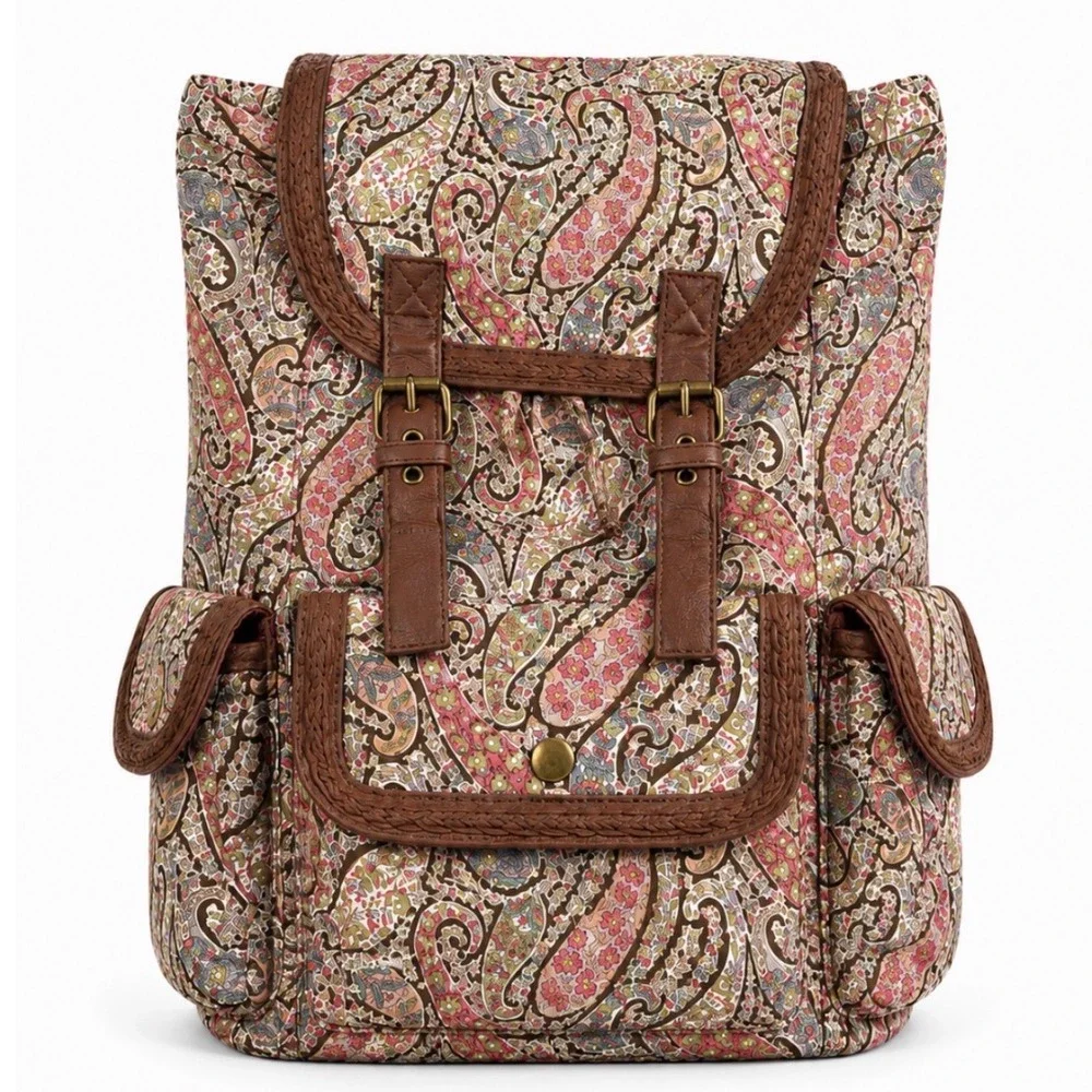 Olsenboye Vintage Y2K Pink Floral Paisley Boho Multi Pocket Backpack